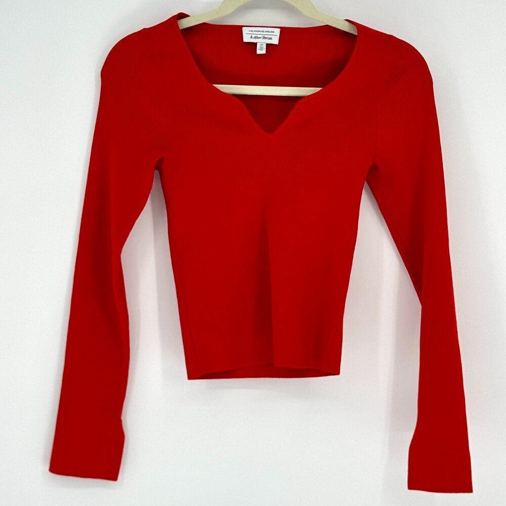 Ribbed Notch Neck Red Long Sleeve Top Y2K Fitted Stretch Minimalist XS